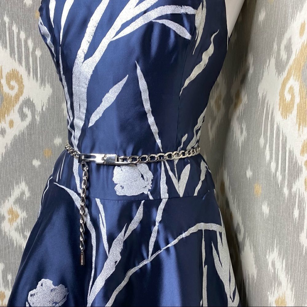 Ralph Lauren Silver Foil Botanical Print Navy Silk Fit & Flare Dress - Picture 2 of 16